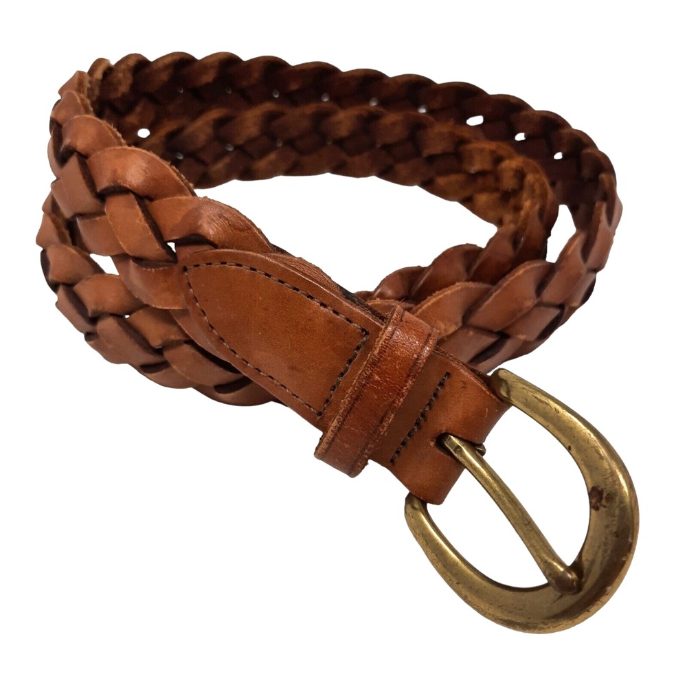 Lands End  Braided Leather Belt Mens Size 34 Brown 506 Buckle Cow Hide